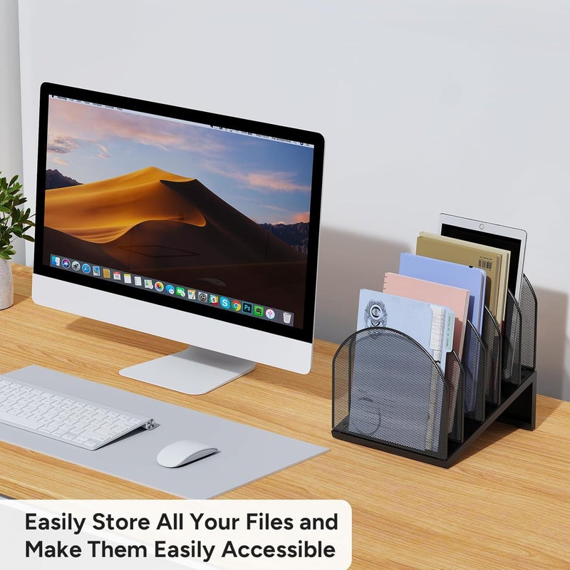 OUTIOE 5-Section Desk File Organizer, Metal Mesh Folder Organizer for Documents, Mail & Office Papers (Black) - Image 5